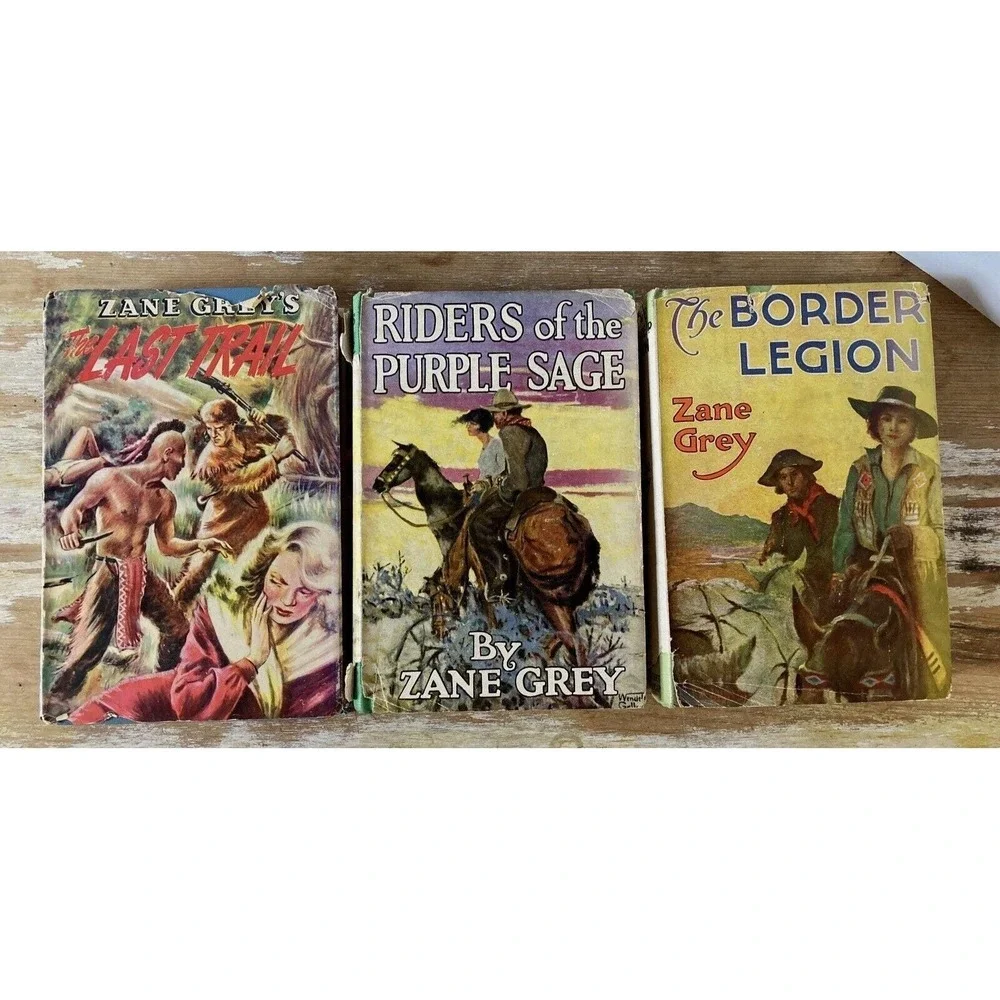 Vintage HCDJ Western themed books Zane Grey Riders Purple Sage Last Trail 1940's